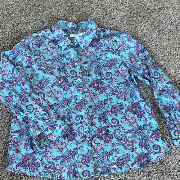 Foxcroft Tops - Foxcroft for Appleseed’s Paisley Button-Down Aqua & Purple LS Shirt 14P